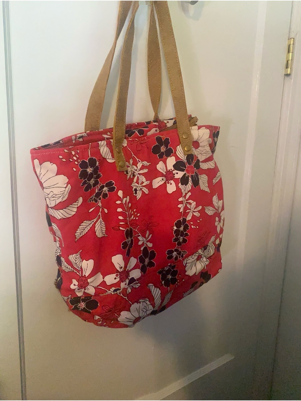 Myra Bag Red Floral Canvas Tote with Tan Handles